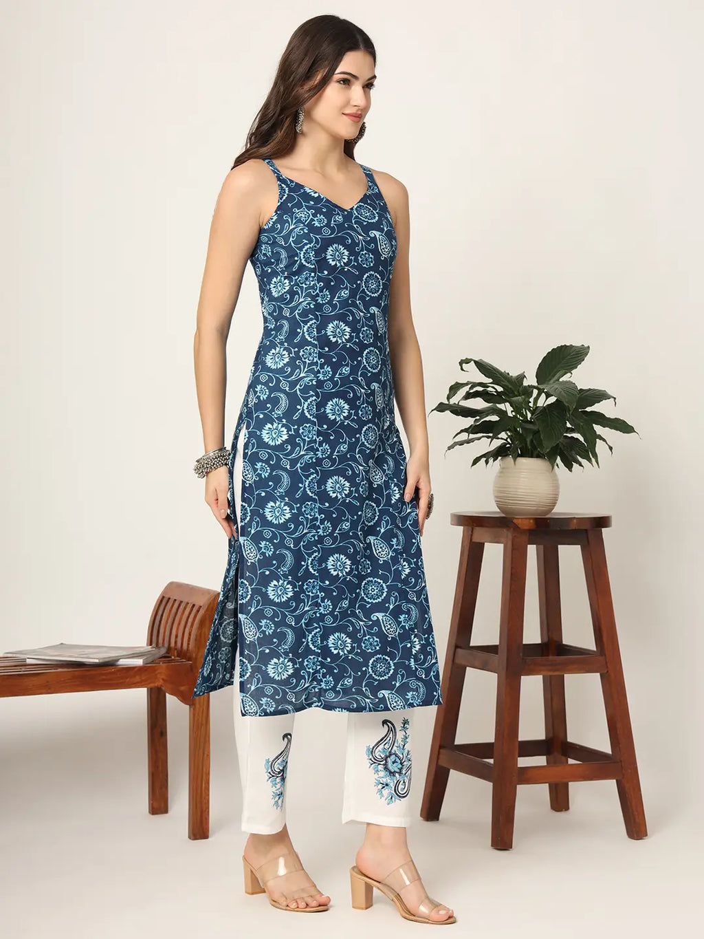 Yufta Blue Cotton Strappy Block Print Kurta Dupatta Set | Grocsy