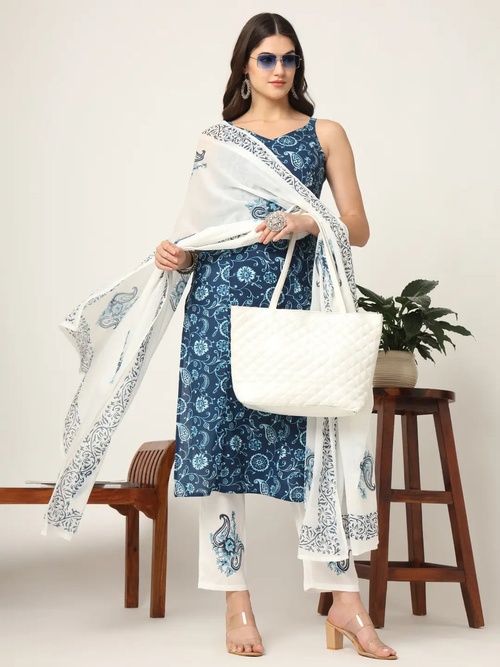 Yufta Blue Cotton Strappy Block Print Kurta Dupatta Set | Grocsy