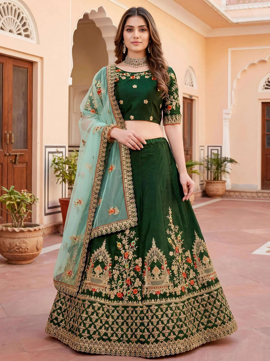 Tulsi Art Graceful Green Thread Embroidered Silk Wedding Wear Lehenga Choli | Grocsy