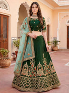 Tulsi Art Graceful Green Thread Embroidered Silk Wedding Wear Lehenga Choli | Grocsy