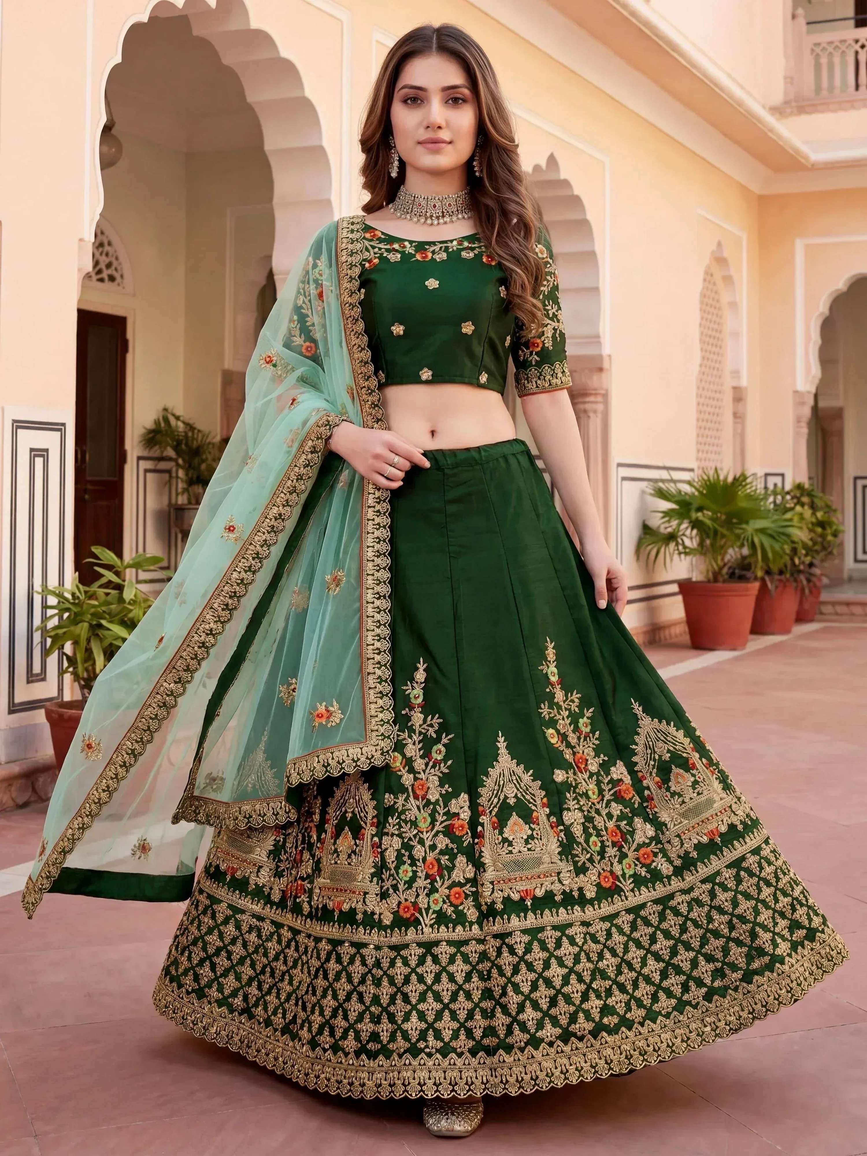 Tulsi Art Graceful Green Thread Embroidered Silk Wedding Wear Lehenga Choli | Grocsy