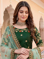 Tulsi Art Graceful Green Thread Embroidered Silk Wedding Wear Lehenga Choli | Grocsy