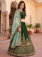 Tulsi Art Graceful Green Thread Embroidered Silk Wedding Wear Lehenga Choli | Grocsy