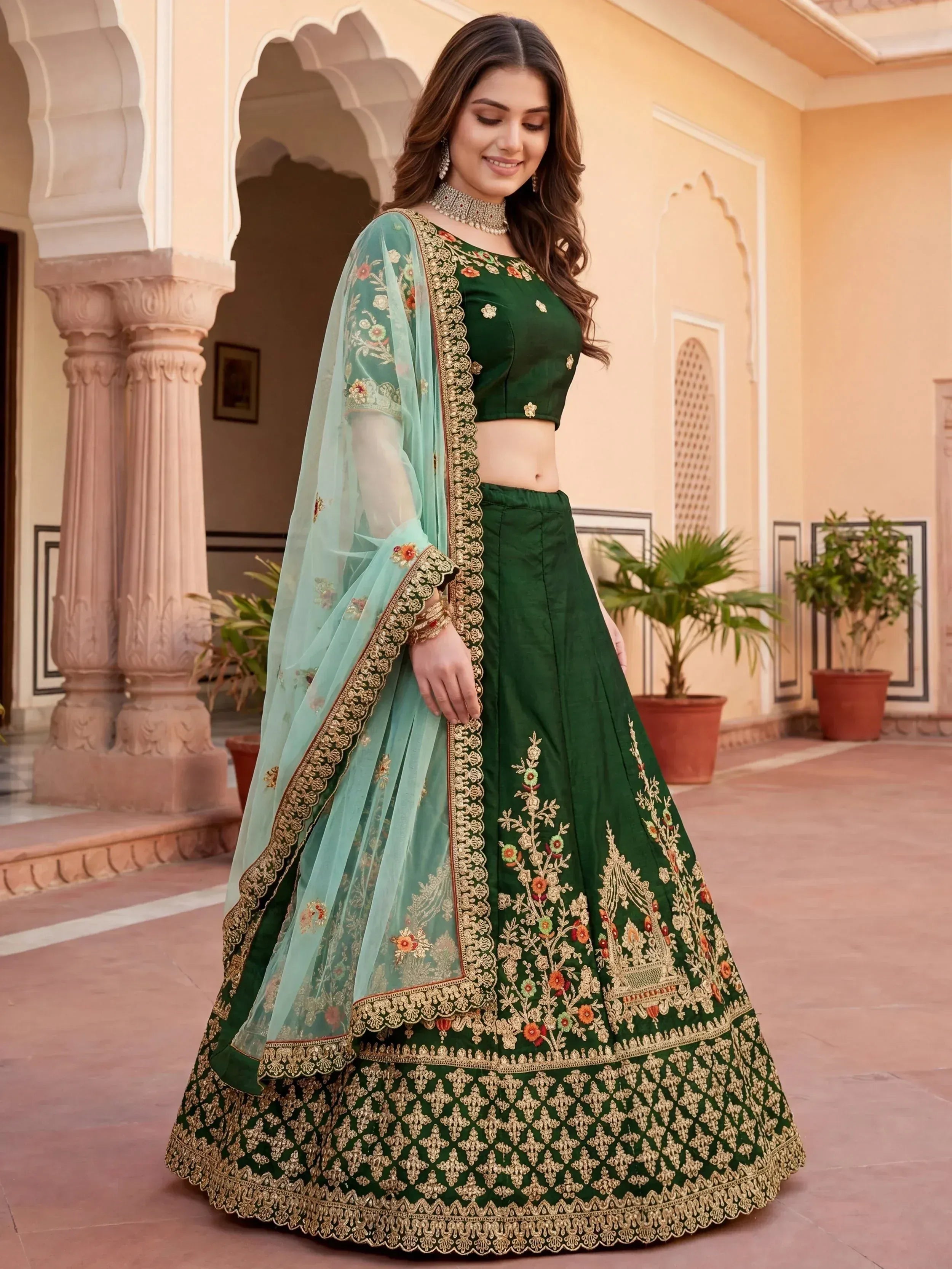 Tulsi Art Graceful Green Thread Embroidered Silk Wedding Wear Lehenga Choli | Grocsy