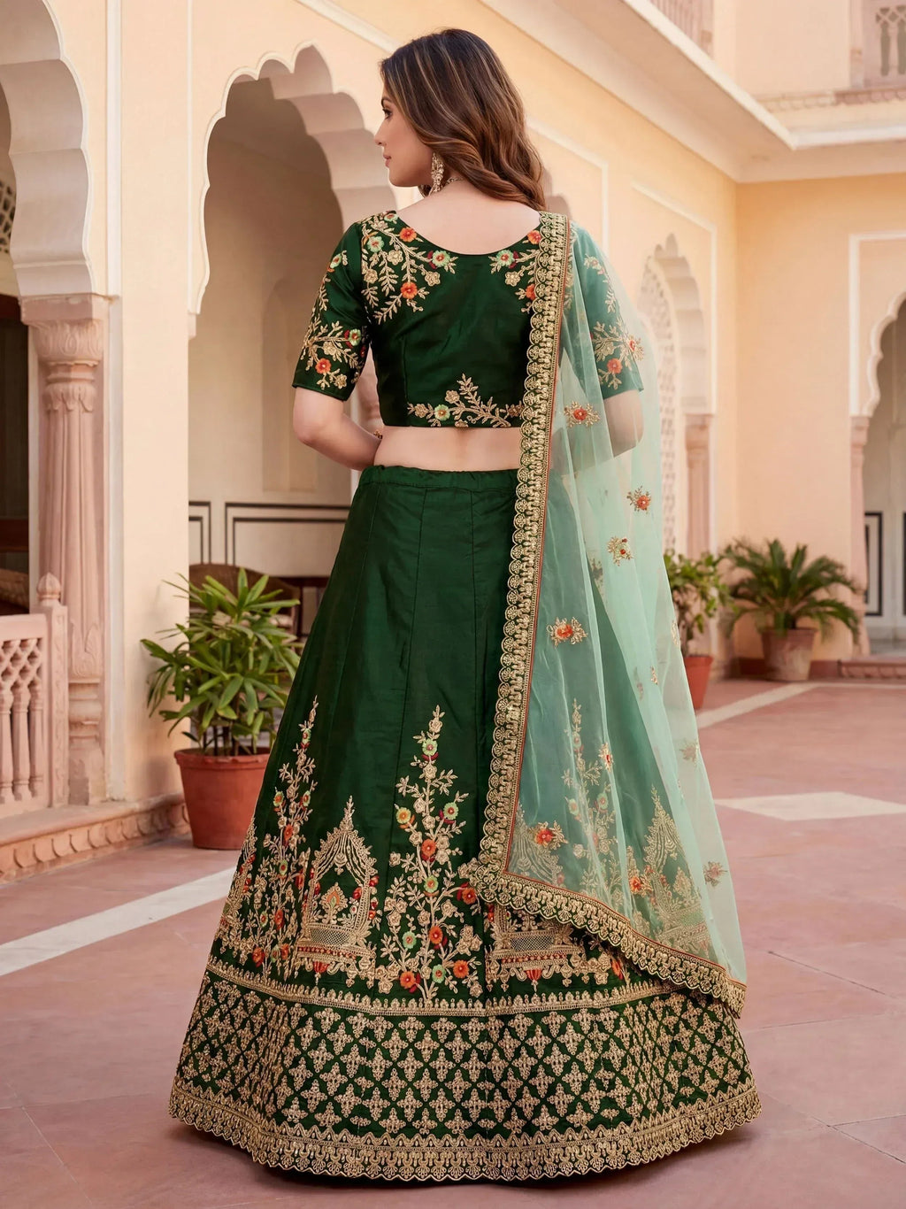 Tulsi Art Graceful Green Thread Embroidered Silk Wedding Wear Lehenga Choli | Grocsy