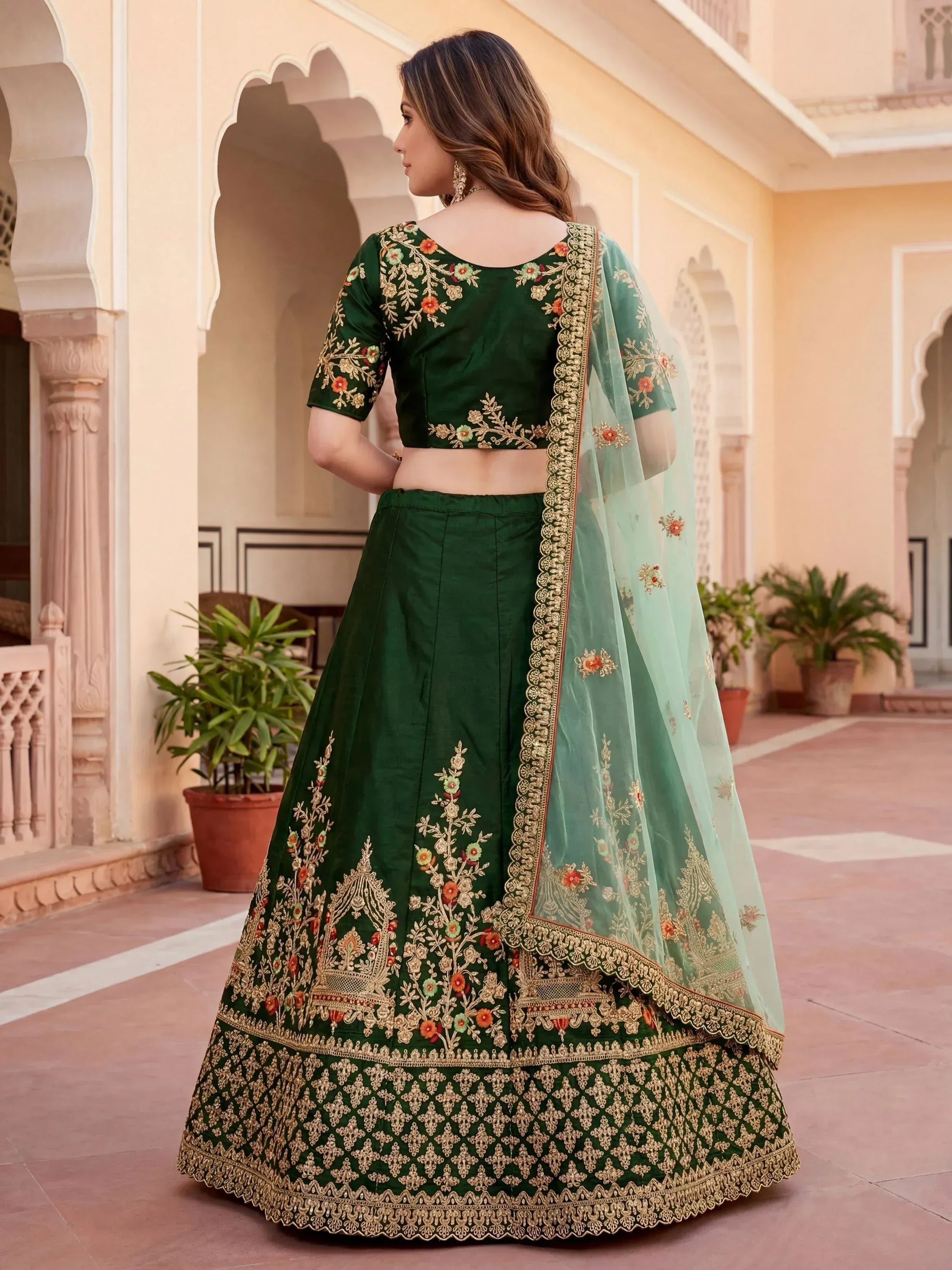 Tulsi Art Graceful Green Thread Embroidered Silk Wedding Wear Lehenga Choli | Grocsy