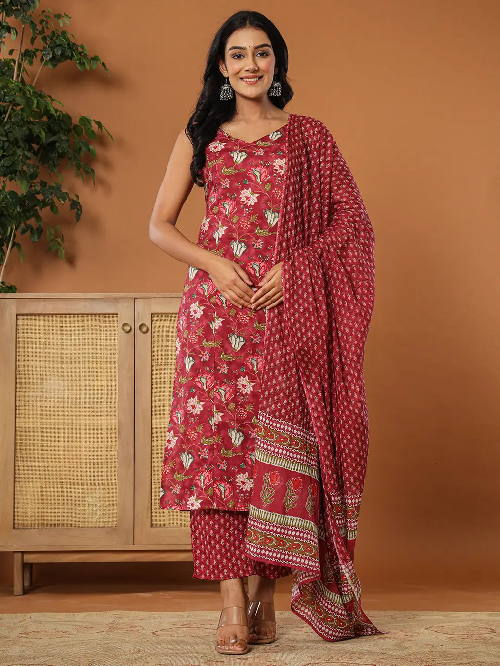 Yufta Burgundy Cotton Sleeveless Kurta Dupatta Set | Grocsy