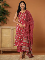 Yufta Burgundy Cotton Sleeveless Kurta Dupatta Set | Grocsy
