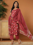 Yufta Burgundy Cotton Sleeveless Kurta Dupatta Set | Grocsy