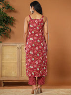 Yufta Burgundy Cotton Sleeveless Kurta Dupatta Set | Grocsy