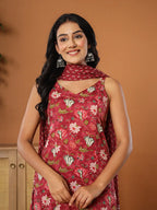Yufta Burgundy Cotton Sleeveless Kurta Dupatta Set | Grocsy