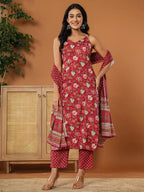 Yufta Burgundy Cotton Sleeveless Kurta Dupatta Set | Grocsy