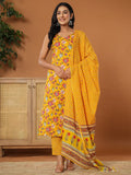 Yufta Mustard Cotton Sleeveless Kurta Dupatta Set | Grocsy