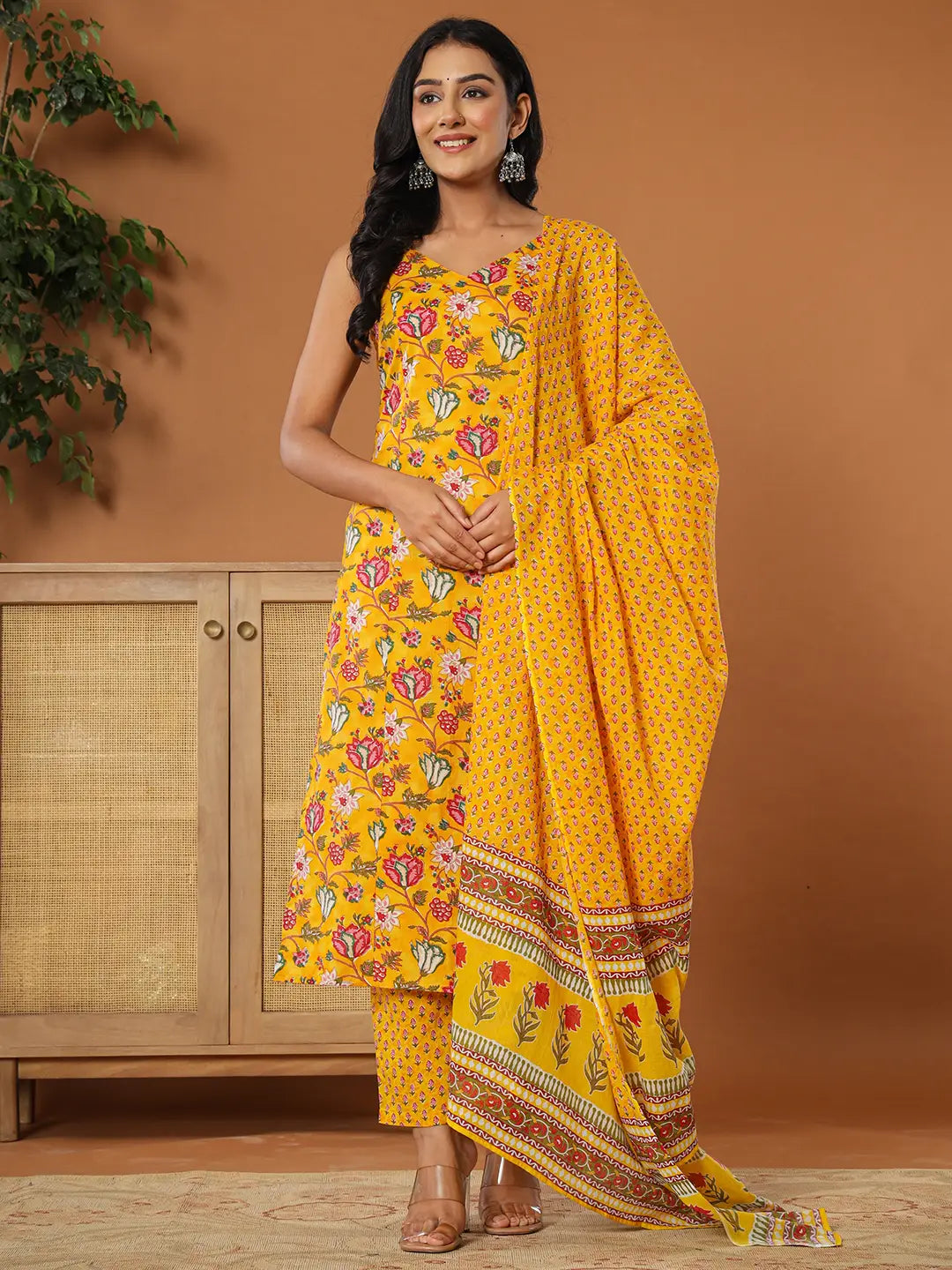 Yufta Mustard Cotton Sleeveless Kurta Dupatta Set | Grocsy