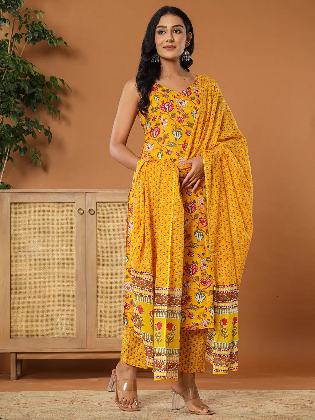 Yufta Mustard Cotton Sleeveless Kurta Dupatta Set | Grocsy
