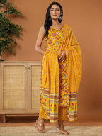 Yufta Mustard Cotton Sleeveless Kurta Dupatta Set | Grocsy