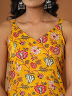 Yufta Mustard Cotton Sleeveless Kurta Dupatta Set | Grocsy