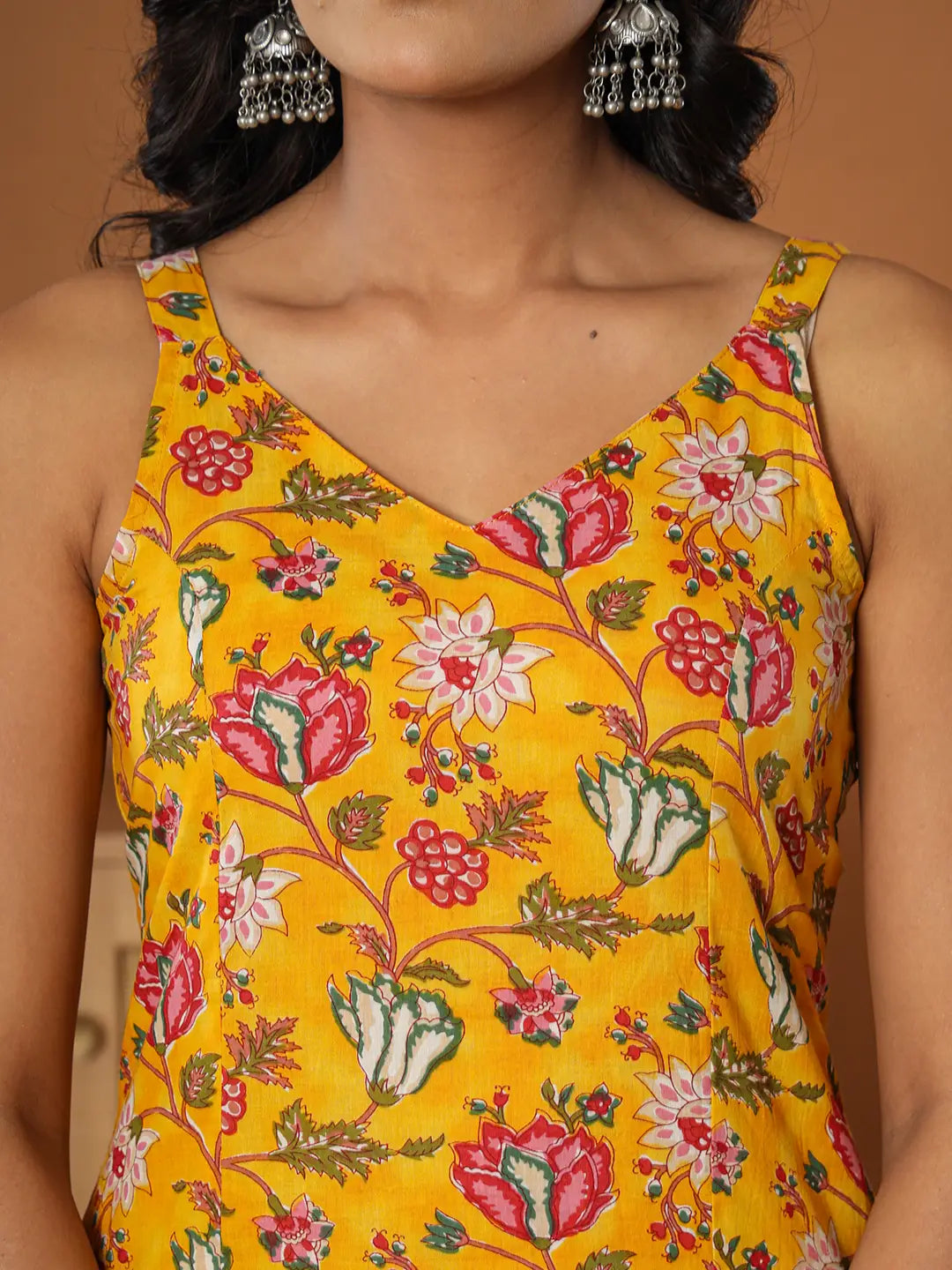 Yufta Mustard Cotton Sleeveless Kurta Dupatta Set | Grocsy