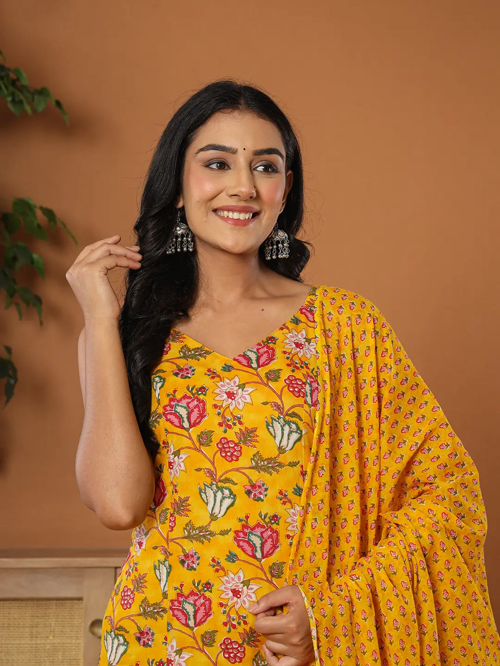 Yufta Mustard Cotton Sleeveless Kurta Dupatta Set | Grocsy