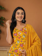 Yufta Mustard Cotton Sleeveless Kurta Dupatta Set | Grocsy