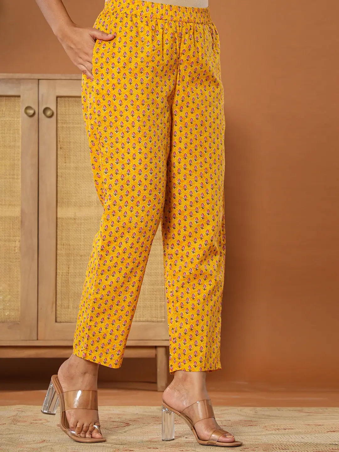 Yufta Mustard Cotton Sleeveless Kurta Dupatta Set | Grocsy