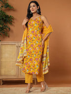 Yufta Mustard Cotton Sleeveless Kurta Dupatta Set | Grocsy
