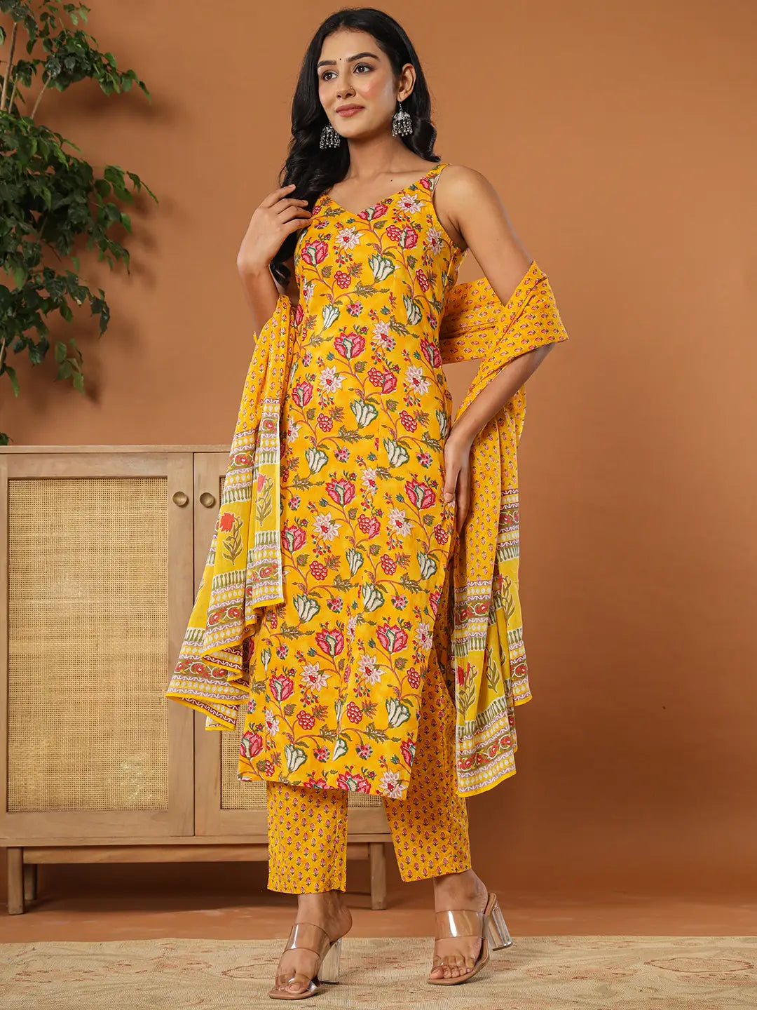 Yufta Mustard Cotton Sleeveless Kurta Dupatta Set | Grocsy