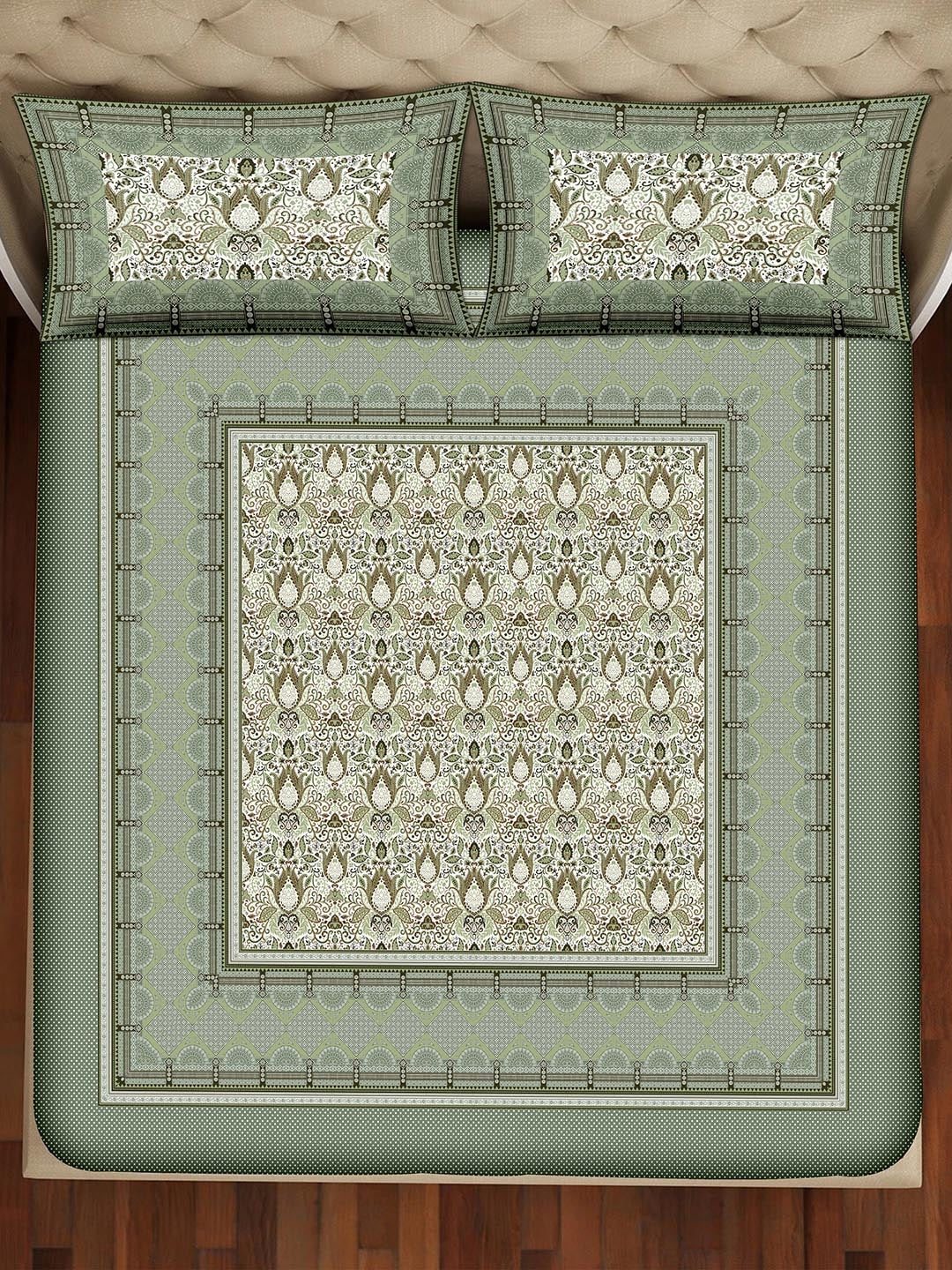 BELLA CASA Teal & Off White Printed 350 TC King Pure Cotton 2 Pillow Covers Bedsheet | Grocsy