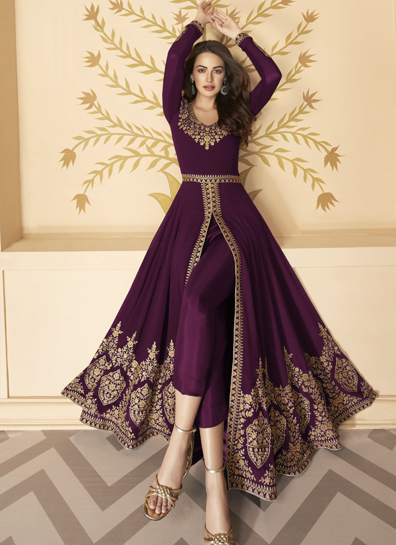 Vegaa Fashion Wine Georgette Embroidered Anarkali Suit | Grocsy
