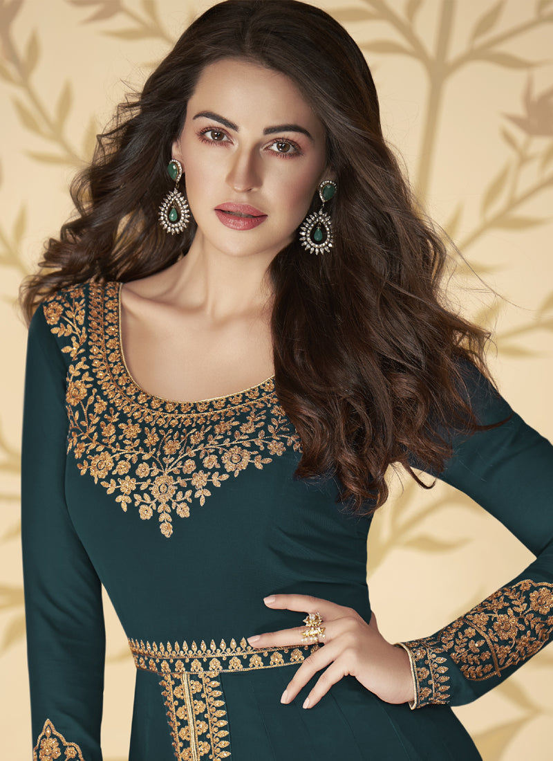 Vegaa Fashion Teal Blue Georgette Embroidered Anarkali Suit | Grocsy
