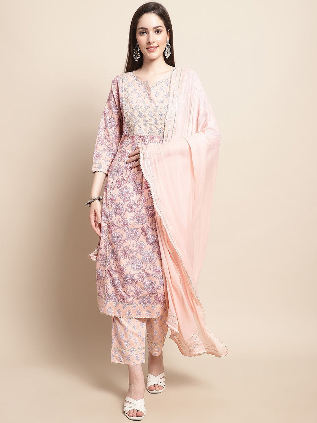 Sangria Printed & Embroidered Pure Cotton A-Line Kurta With Trouser & Dupatta | Grocsy