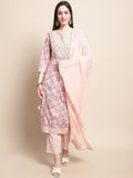 Sangria Printed & Embroidered Pure Cotton A-Line Kurta With Trouser & Dupatta | Grocsy