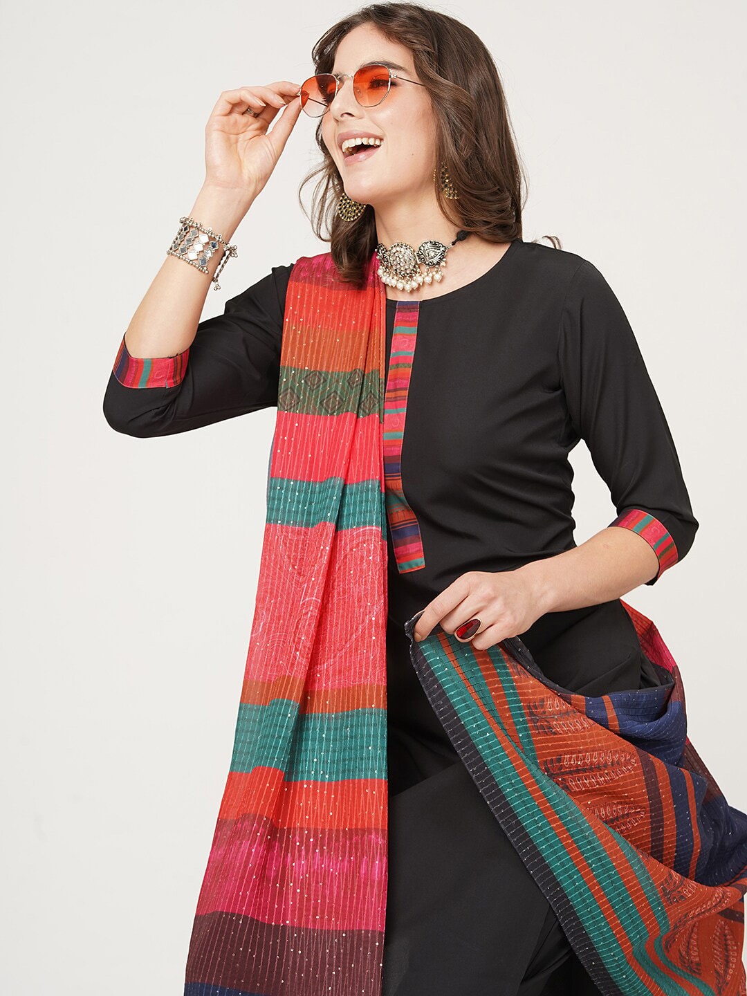 HERE&NOW Black And Red Straight Kurta with Trousers & With Dupatta | Grocsy