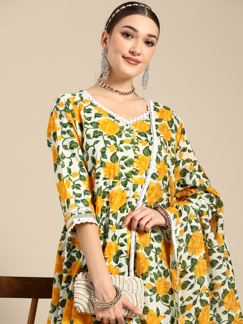 Sangria Women Yellow Floral Printed Lace Inserts Pure Cotton Kurta with Sharara & Dupatta | Grocsy