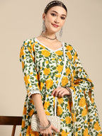 Sangria Women Yellow Floral Printed Lace Inserts Pure Cotton Kurta with Sharara & Dupatta | Grocsy