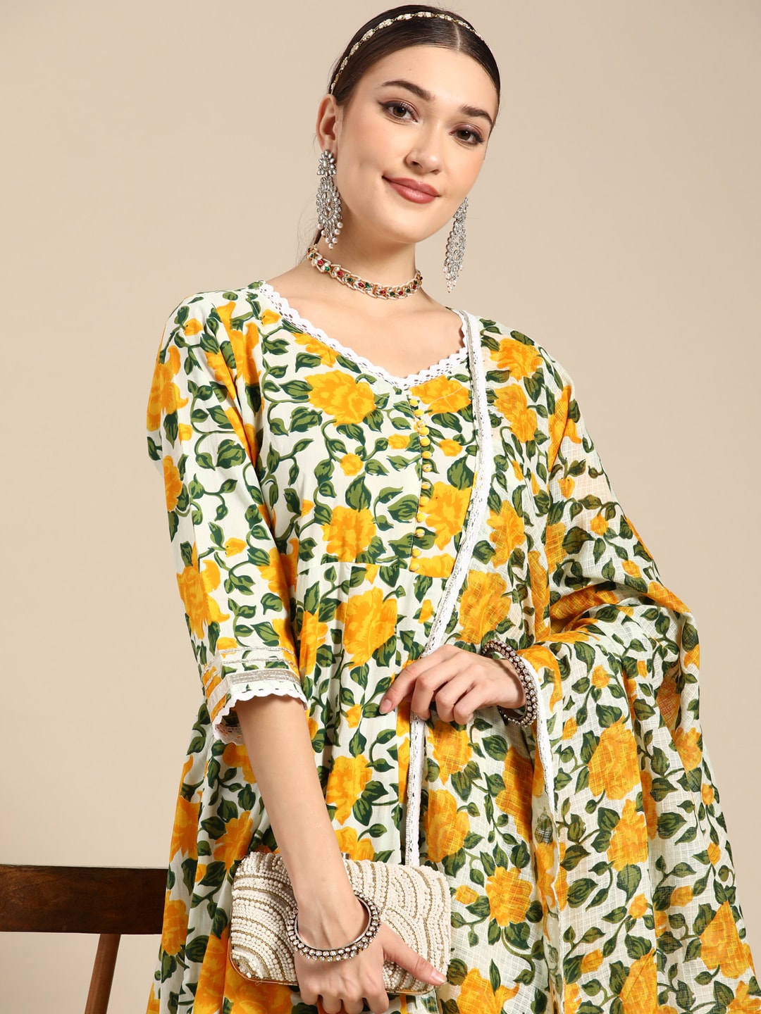 Sangria Women Yellow Floral Printed Lace Inserts Pure Cotton Kurta with Sharara & Dupatta | Grocsy