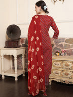 Sangria Maroon Ethnic Motifs Printed Mirror Work Pure Cotton Kurta with Trousers & Dupatta | Grocsy