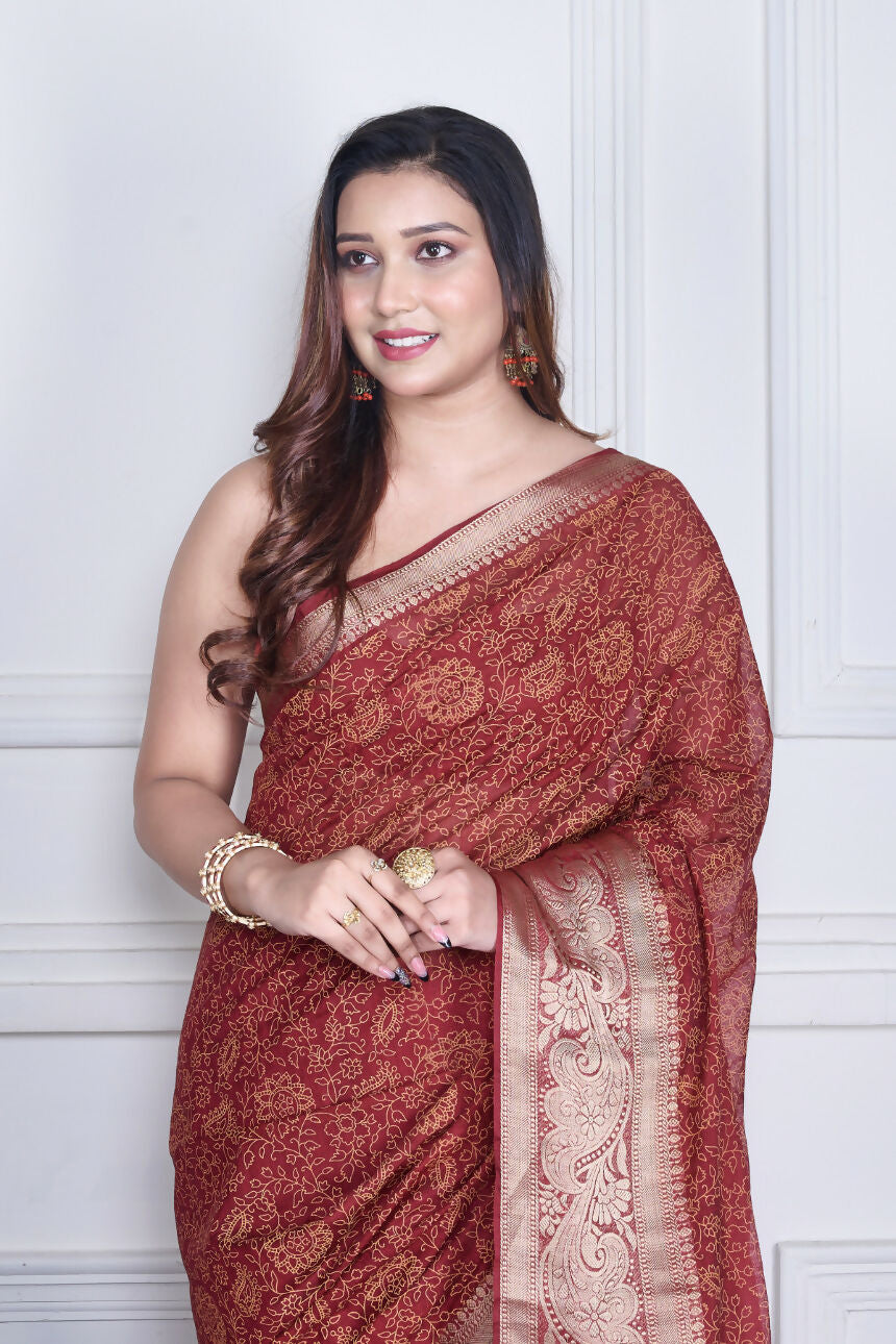 Morchari Maroon Script Printed Orzanga Saree Unstitched Blouse | Grocsy