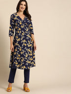 All About You Women Navy Blue Floral Printed Angrakha Pure Cotton Kurta with Trousers | Grocsy