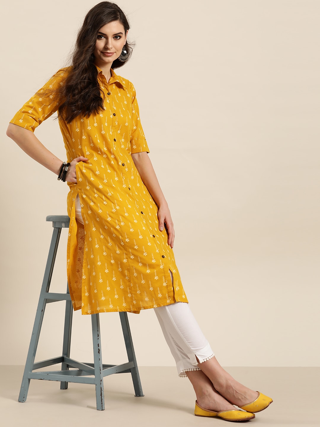 Sangria Women Mustard Yellow & White Floral Print A-Line Kurta | Grocsy
