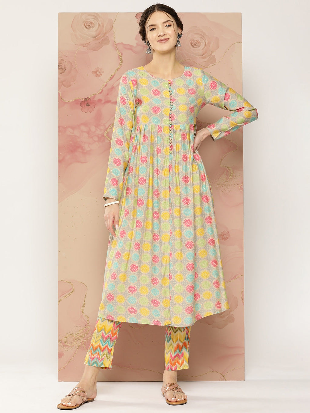 HERE&NOW Ethnic Motifs Printed Kurta with Trousers | Grocsy
