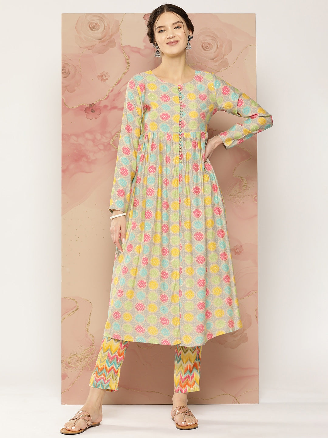 HERE&NOW Ethnic Motifs Printed Kurta with Trousers | Grocsy