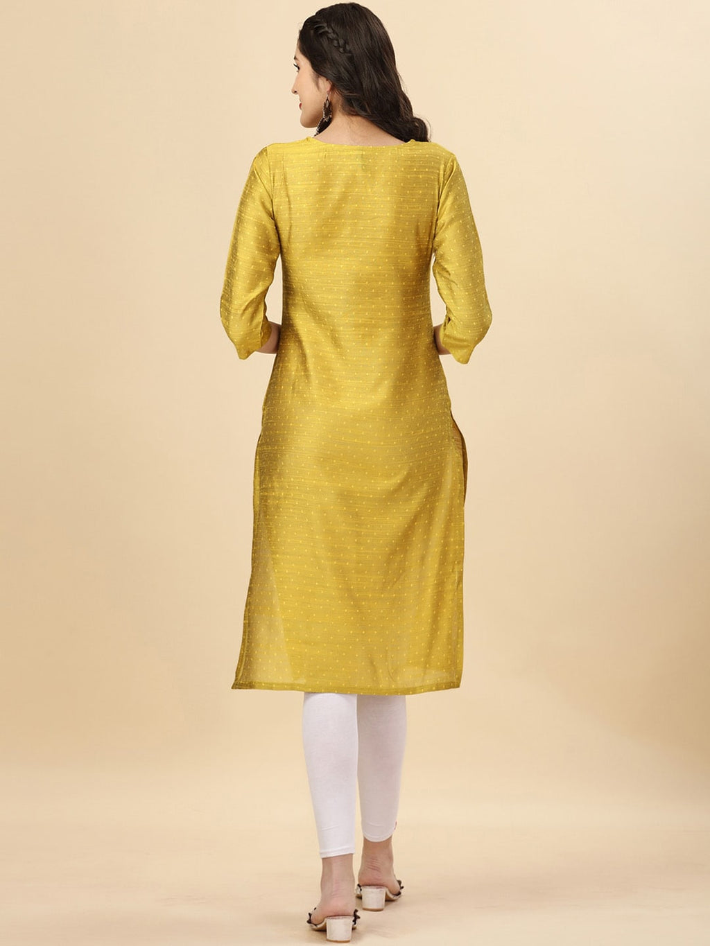 HERE&NOW Yellow Woven Design Mirror Work Straight Kurta | Grocsy