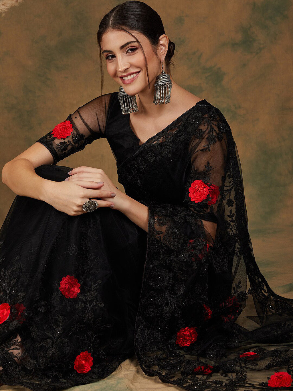 Sangria Black Floral Embroidered Saree | Grocsy