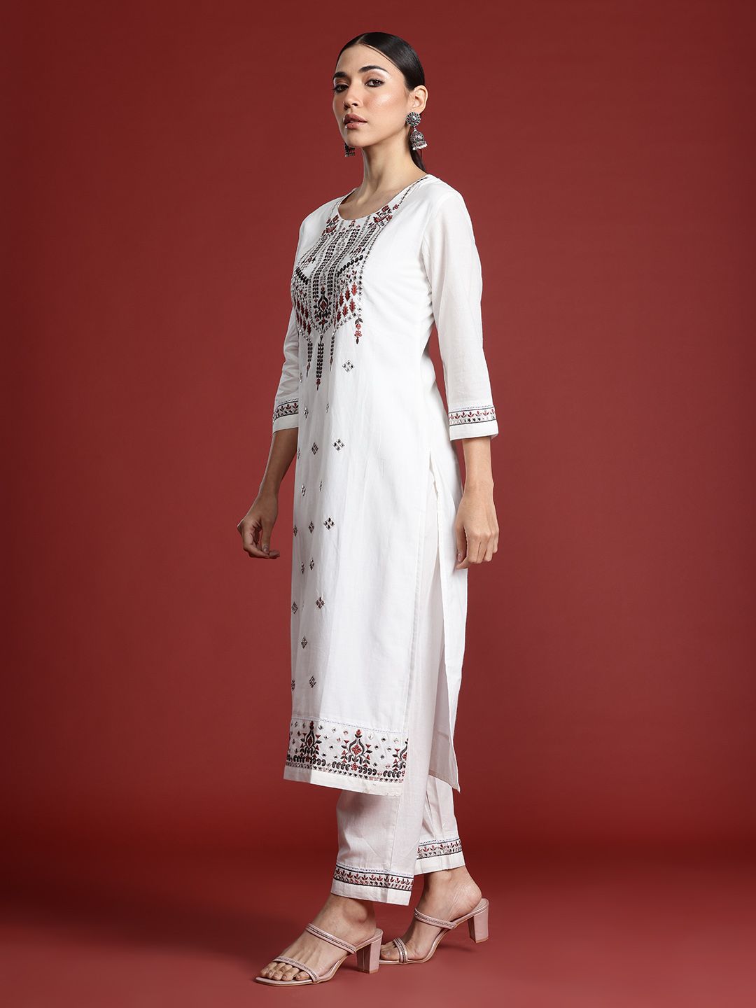 Indo Era Floral Embroidered Thread Work Pure Cotton Kurta with Trousers & With Dupatta | Grocsy