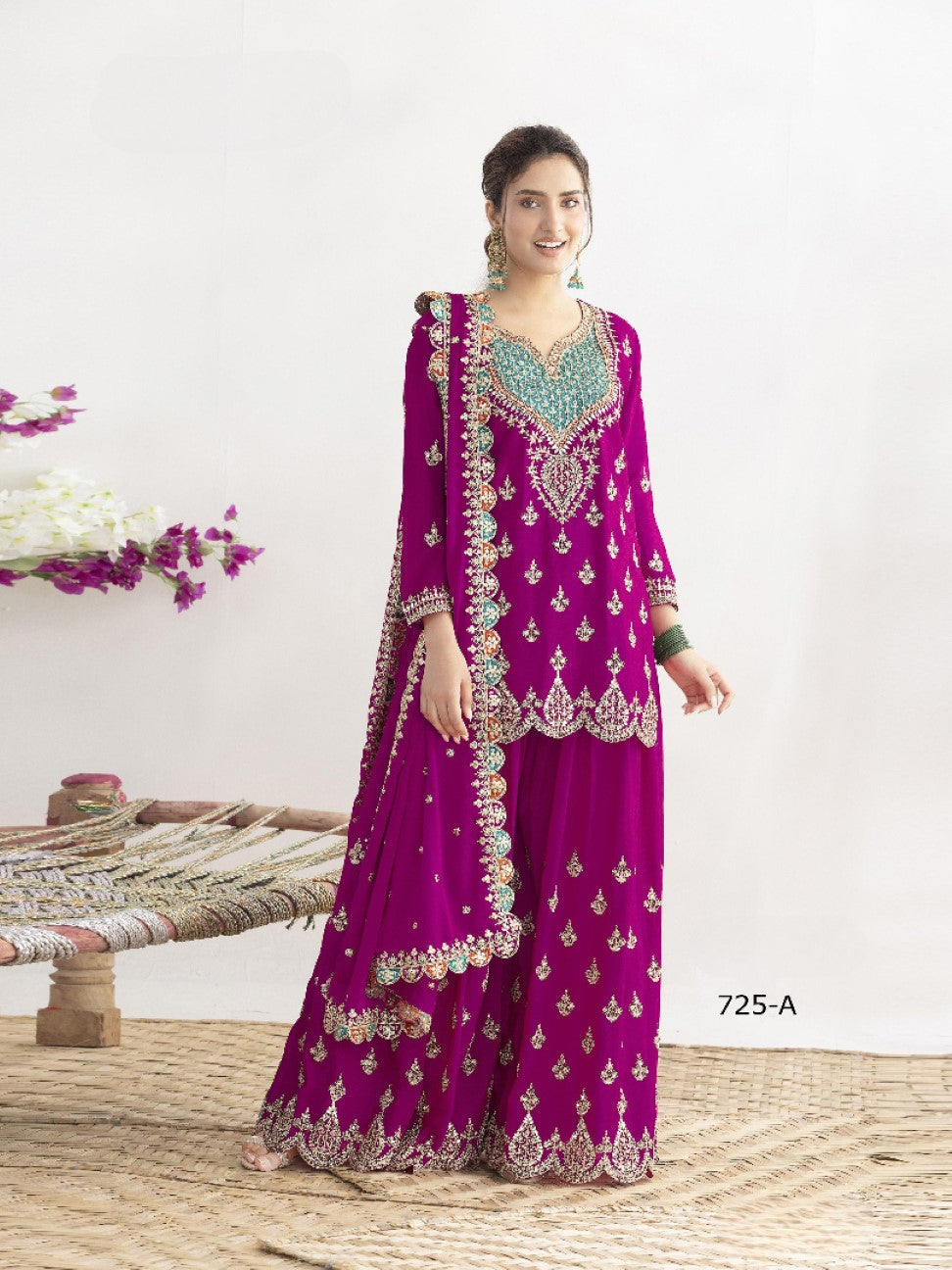 Anaita Purple Chinon Suit With Embroidered Sequins & Mirror Work | Grocsy