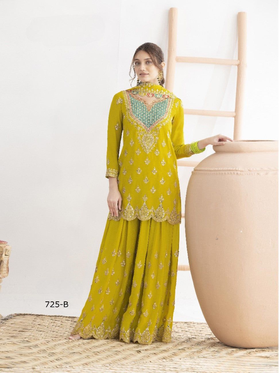 Anaita Yellow Chinon Suit With Embroidered Sequins & Mirror Work | Grocsy