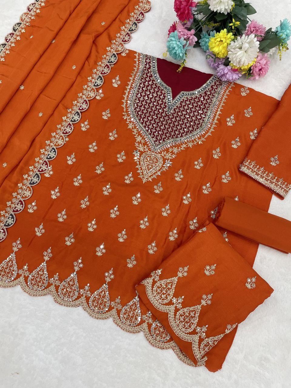Anaita Orange Chinon Suit With Embroidered Sequins & Mirror Work | Grocsy