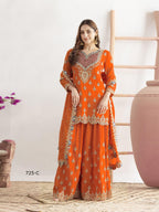 Anaita Orange Chinon Suit With Embroidered Sequins & Mirror Work | Grocsy