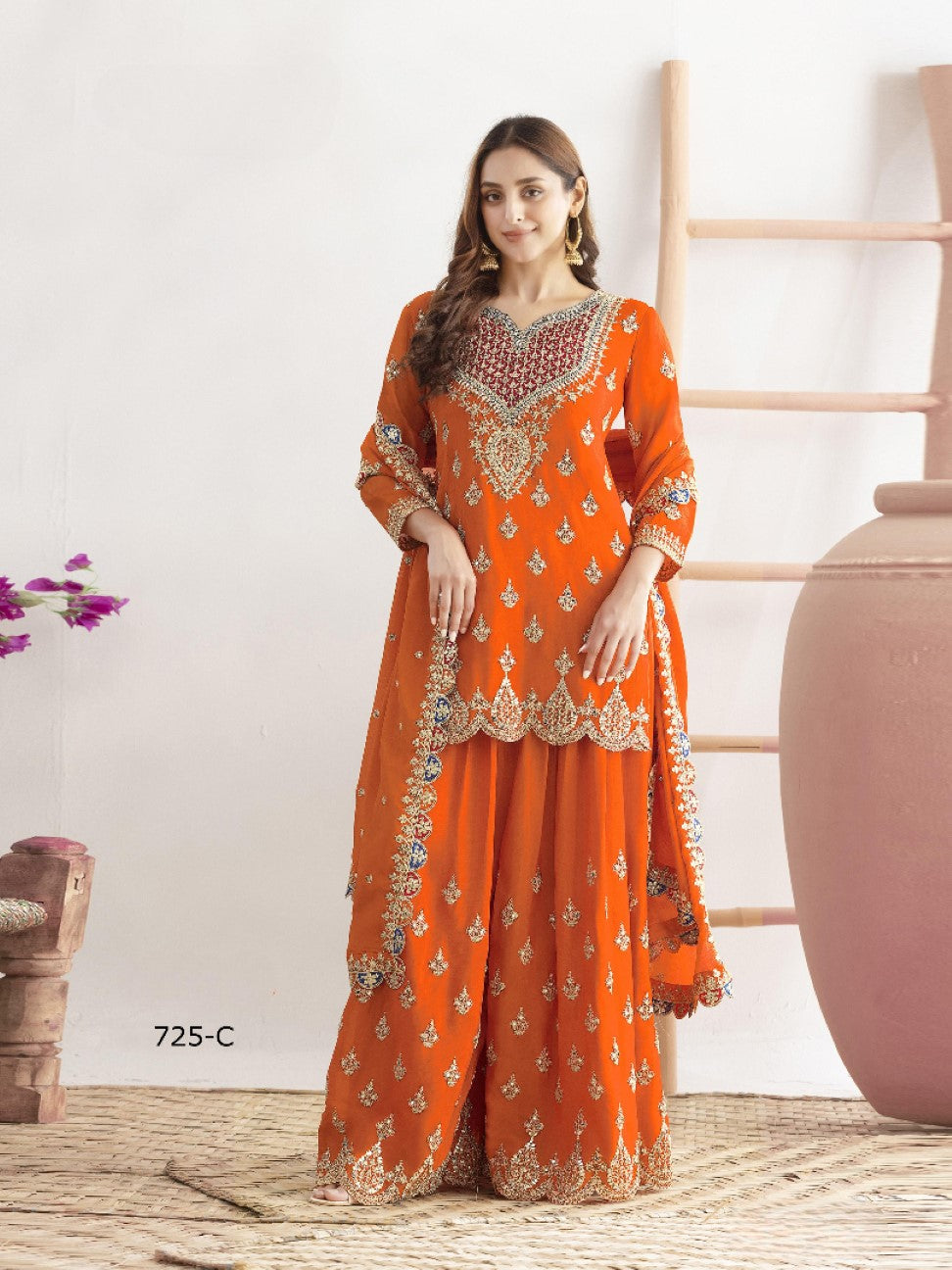 Anaita Orange Chinon Suit With Embroidered Sequins & Mirror Work | Grocsy